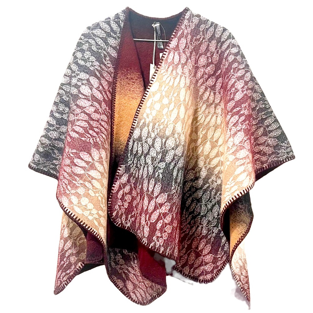 Anthropologie Reversible Wool Blanket Poncho NWT Bordeaux Boho OS - Picture 3 of 5